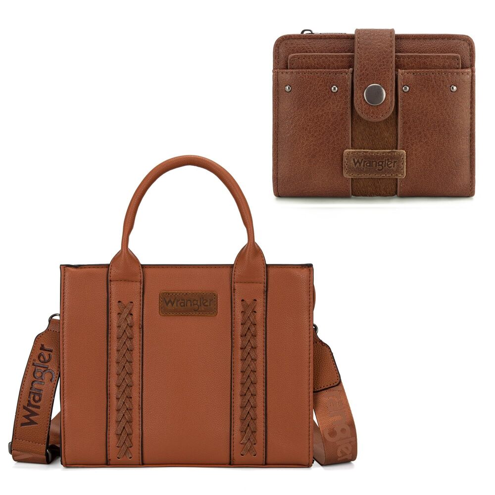 5885 Wrangler Brown Purse Tote Bag and Cowhide Wallet Set